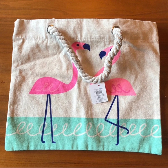 Made for Retail Flamingo Print Small Beach Bag Canvas Cloth Tote Bag New - Picture 2 of 7